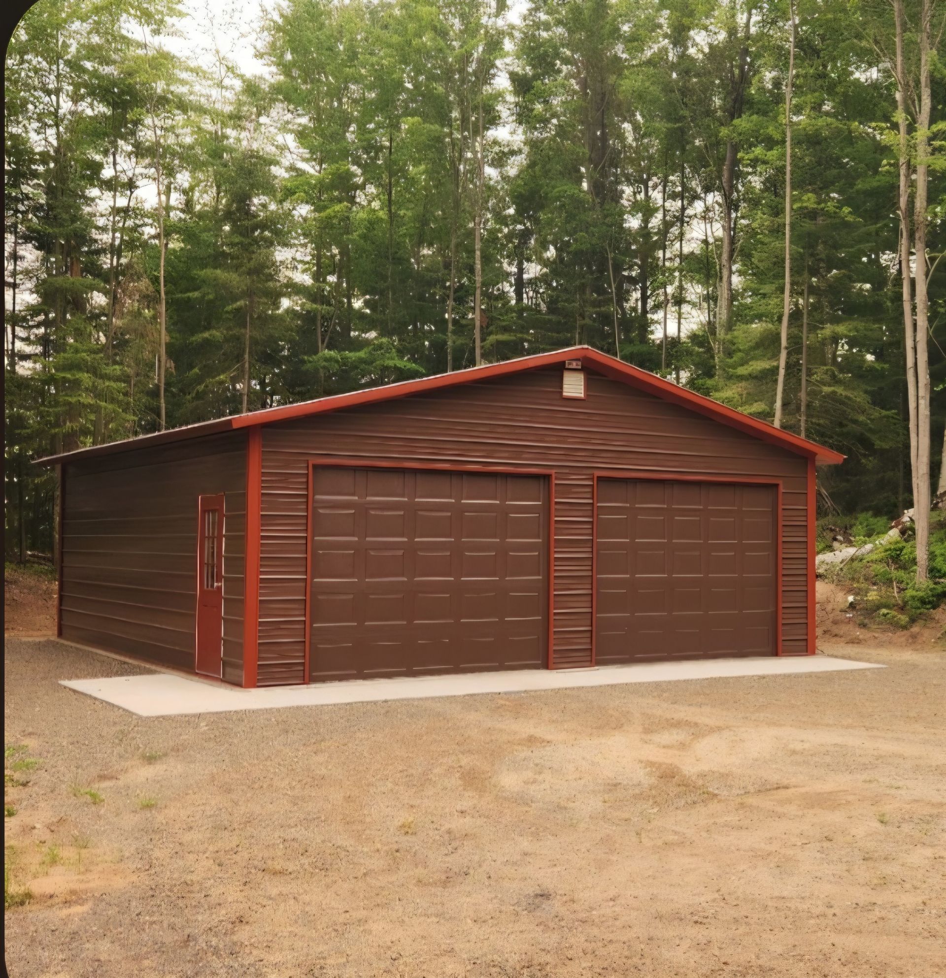 Gray storage shed with white roll-up door in a wooded yard during autumn