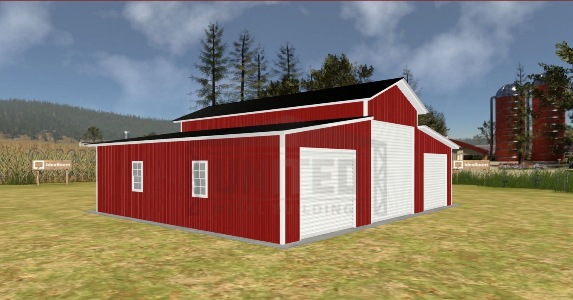 Red barn-style shed with white trim and roof, standing in a grassy field under a cloudy sky.