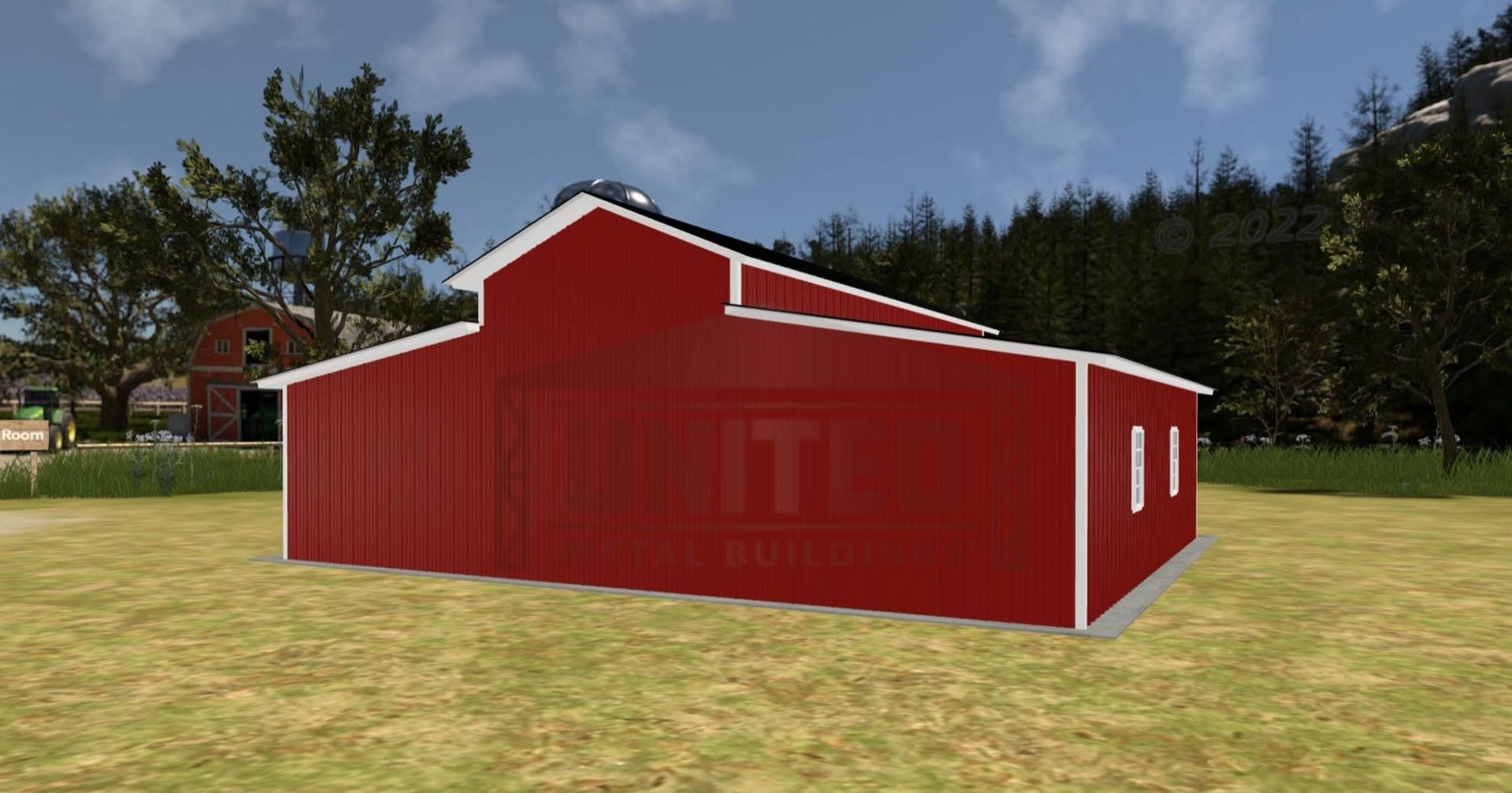 Red barn-style building with white trim on a grassy field under a partly cloudy sky