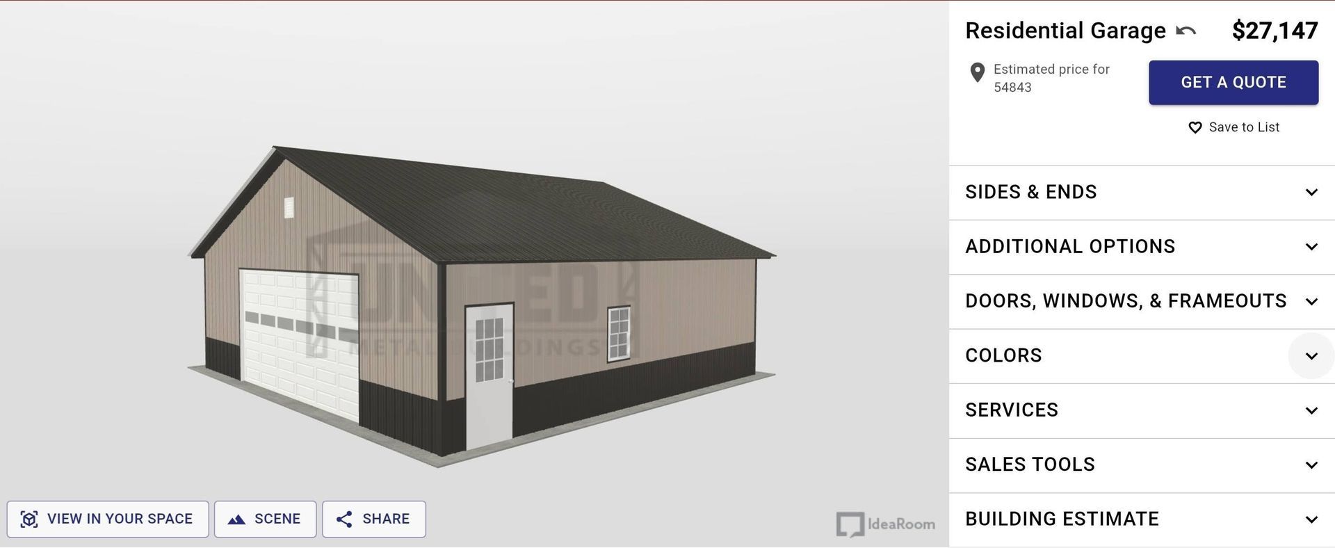 3D house model with tan siding and dark roof shown in a real estate listing interface