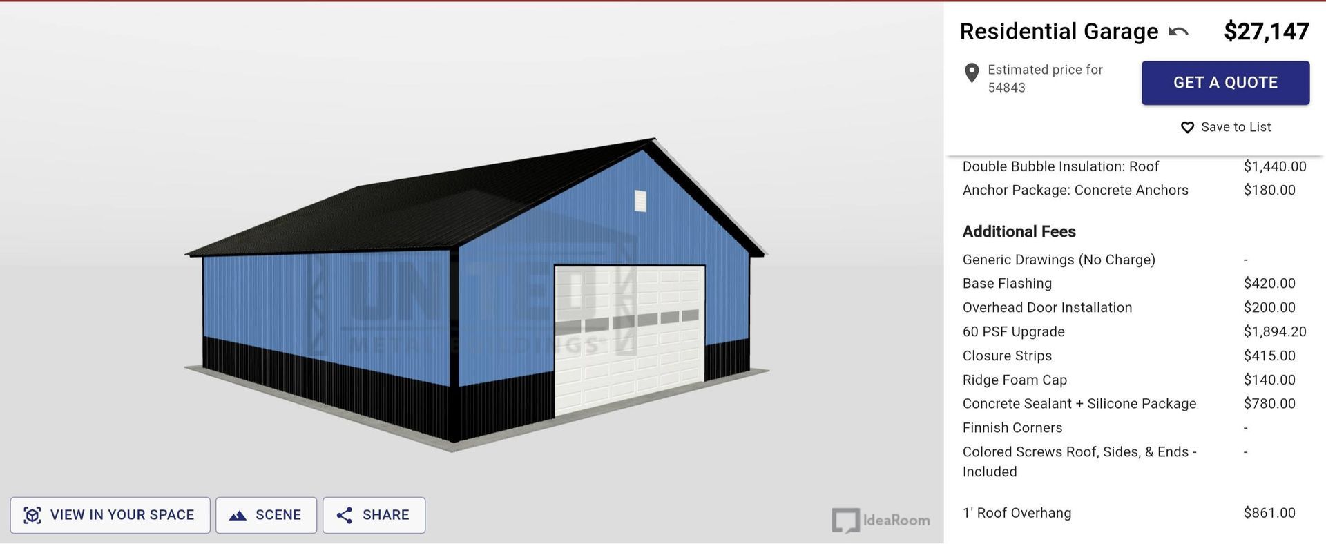 Blue and black warehouse building rendered in a design viewer with property details on the right