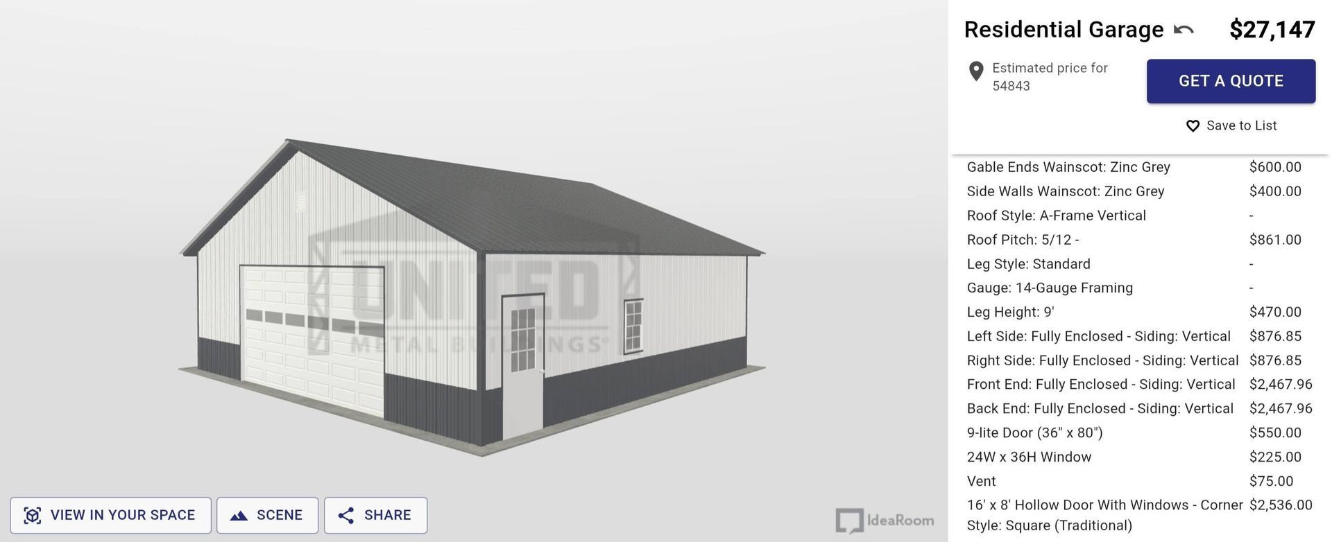 3D house model with gray roof and white walls, shown in a design app with details panel on the right