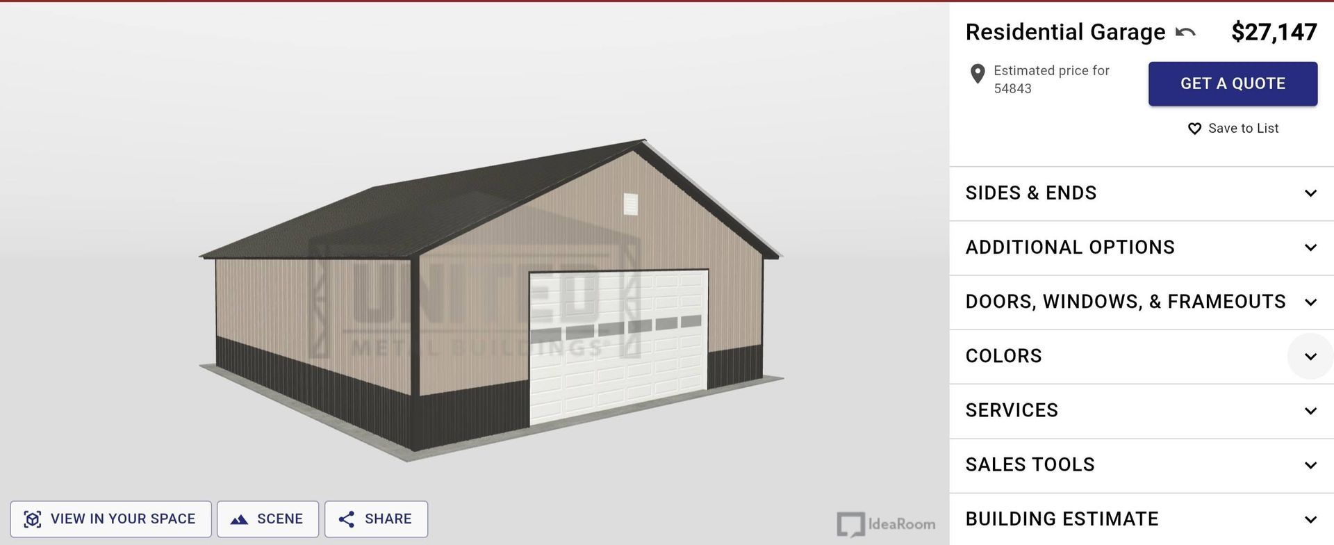 3D house rendering with beige siding, dark roof, and white garage door in a home design interface