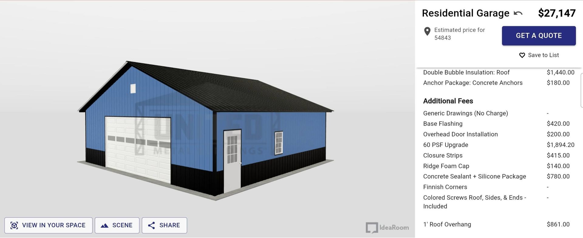 Blue-and-white detached garage with black roof on a house-plan listing page
