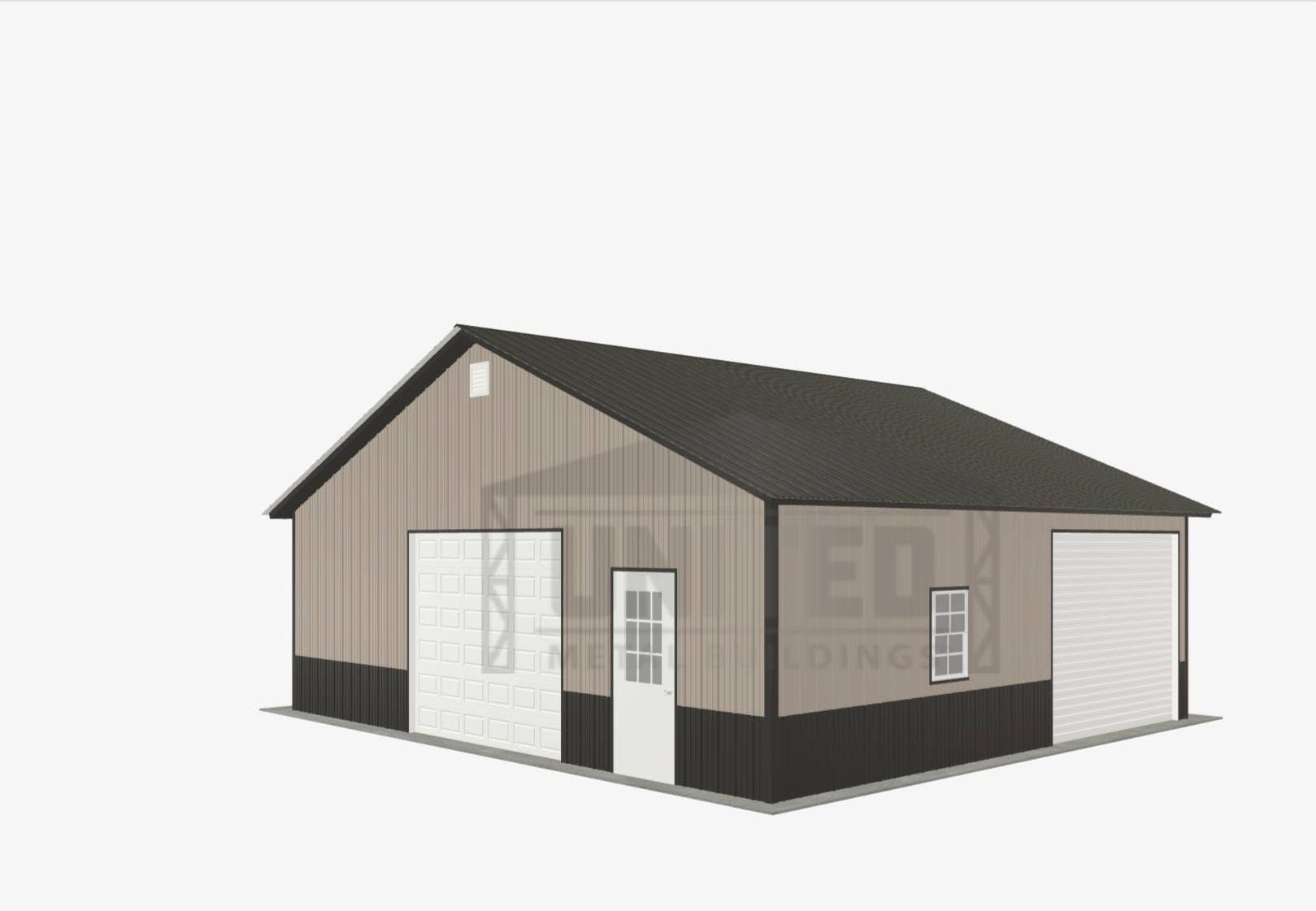 3D rendering of a small tan-and-black garage with white doors and windows