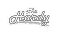 The Hardy: Gray script logo with brushstroke base.
