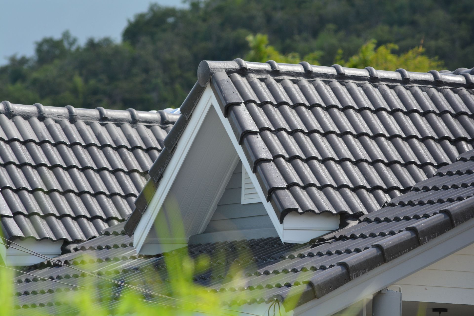 Gray tiled roof against a backdrop of trees, with a white gabled section visible.