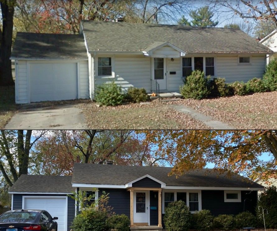 Before and after photo of a house exterior showing a renovation from white siding to dark blue with new wood trim.