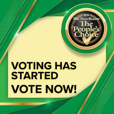 Green election graphic with badge reading The News-Gazette People’s Choice and Voting has started, vote now!