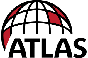 A logo for atlas with a globe in the middle