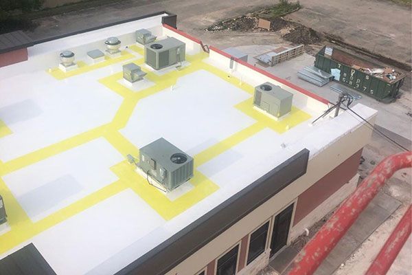 An aerial view of the roof of a building