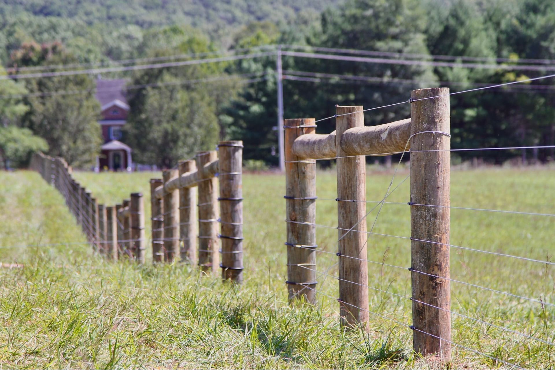 Wooden fence posts with wire running through a grassy field toward a small house in the distance
