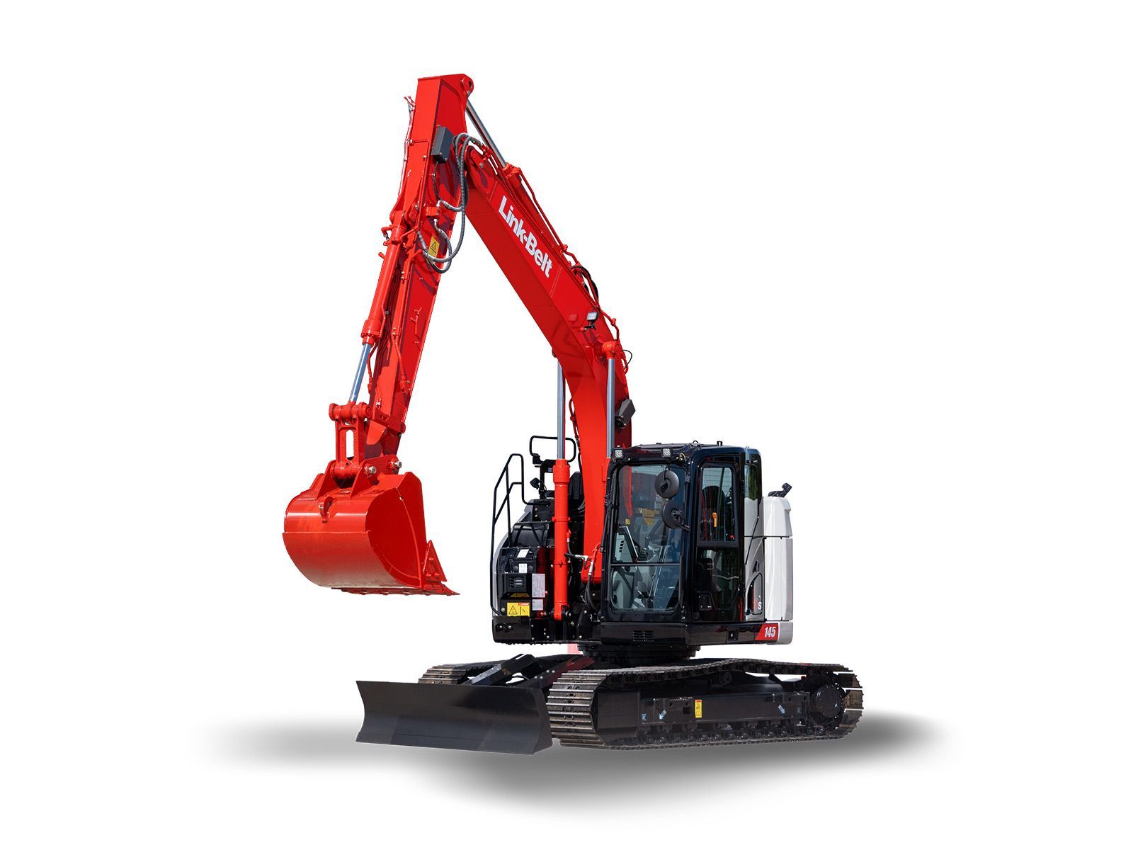 Red excavator on tracks, used for digging and construction.