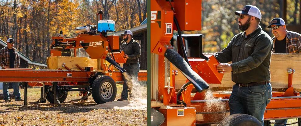 Two men using an orange sawmill outdoors to cut wood. One man uses a blower.