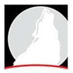 Silhouette of a howling wolf inside a white circle against a black background. Red curved line at bottom.