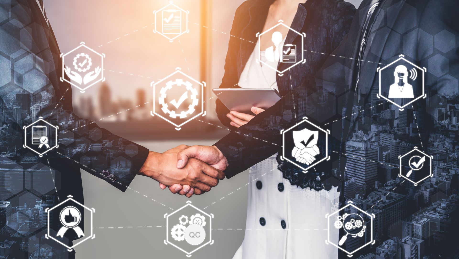 People in business suits shake hands; digital icons overlay.