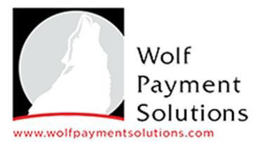 Logo of Wolf Payment Solutions: howling wolf silhouette in front of a full moon, with company name and website address.