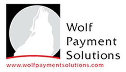 Logo of Wolf Payment Solutions: howling wolf silhouette in front of a full moon, with company name and website address.