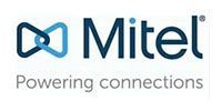 The Mitel logo featuring a blue interlocking link symbol next to the company name and the tagline Powering connections.