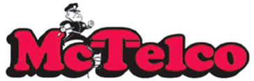 The McTelco logo in bold red letters with a black outline, featuring a cartoon police officer perched on the letter 'c'.