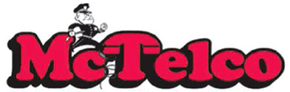 The McTelco logo in bold red letters with a black outline, featuring a cartoon police officer perched on the letter 'c'.