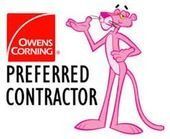 Pink Panther holding a wrench, next to the Owens Corning Preferred Contractor logo.
