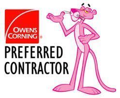 Pink Panther with a paintbrush, gesturing, next to Owens Corning Preferred Contractor logo.