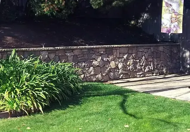 Stone retaining wall beside a green lawn and shrubs in a sunny garden path area