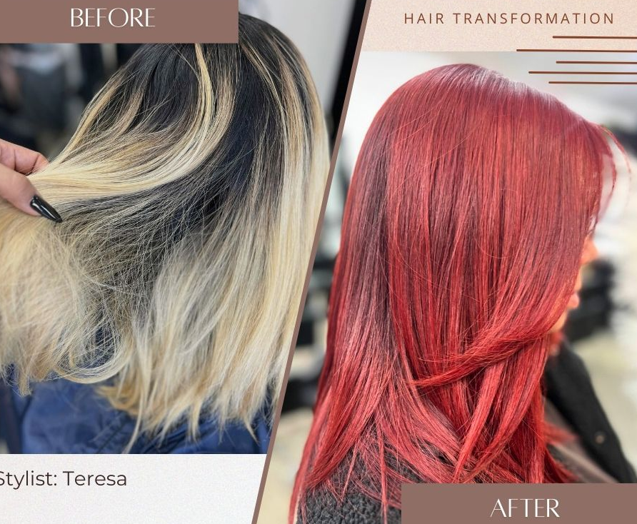 Hair transformation: Before and after. Blonde to vibrant red. Styled by Teresa.