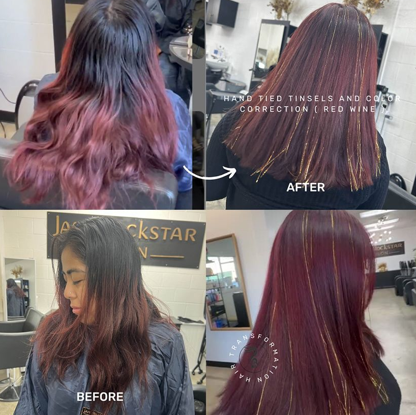 Hair color transformation: before and after shots of hair dyed red wine with gold tinsel.