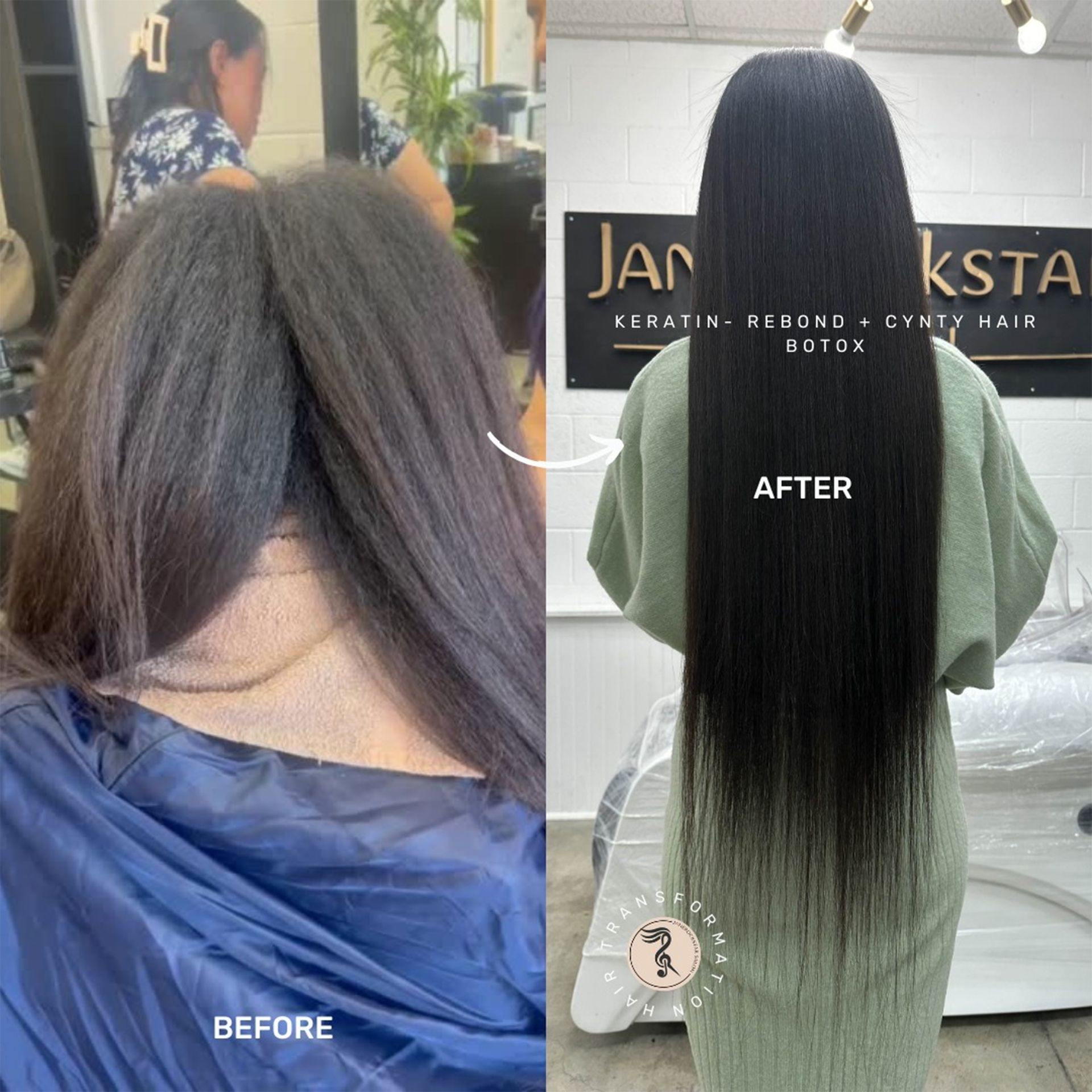 Comparison of hair before and after keratin treatment: Before shows frizzy hair, after sleek, straight hair.
