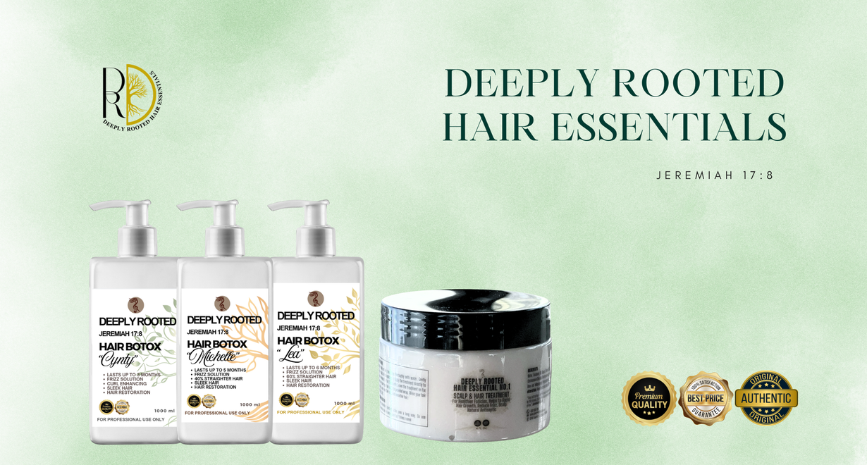 Deeply Rooted Hair Essentials product ad with three white bottles, a jar, and gold badges on a light green background