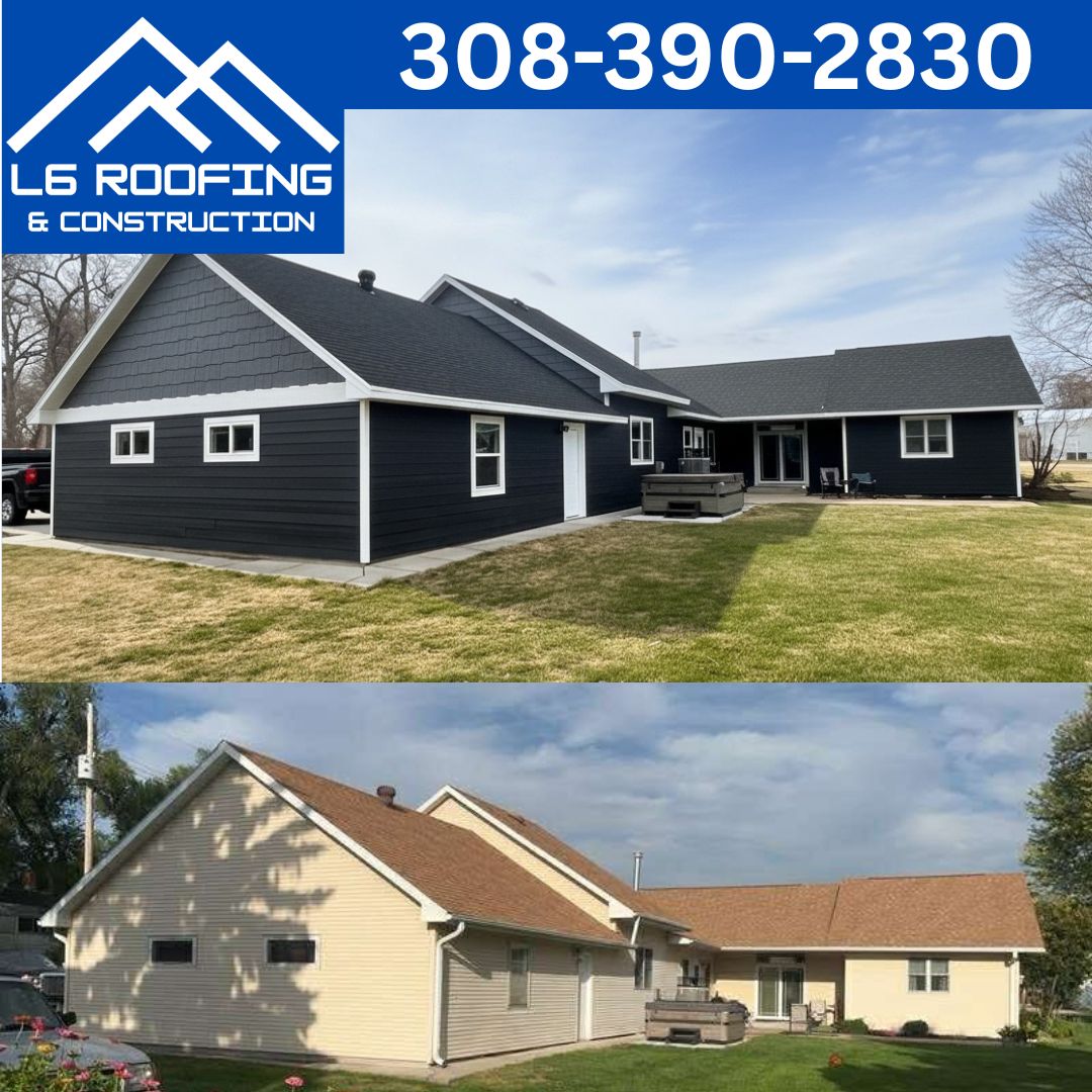 Two views of a navy-and-white house exterior, with LG Roofing & Construction logo and phone number overlay.