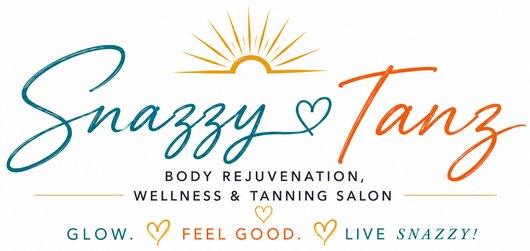 Snazzy Tanz salon logo with teal and orange script, sunburst, and “Glow, Feel Good, Live Snazzzy” tagline