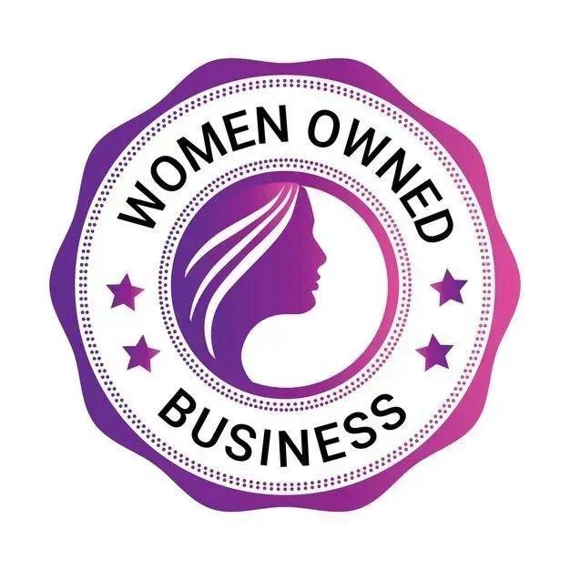 Women-owned business seal, featuring a woman's silhouette in purple, surrounded by text and stars.