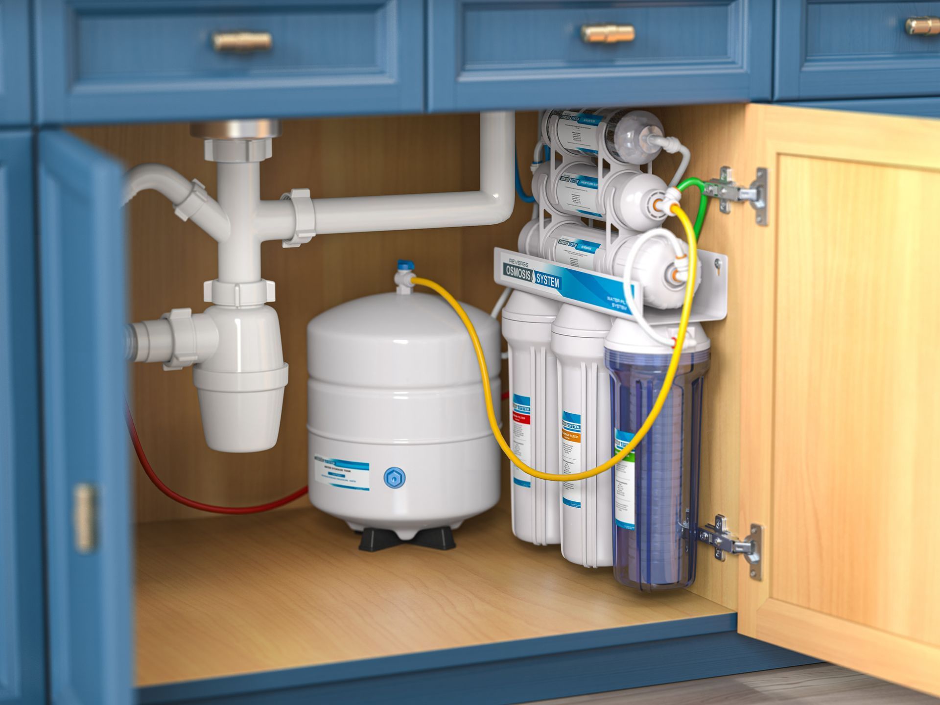 A reverse osmosis water filtration system installed under a blue kitchen sink, featuring a storage tank and filter array.