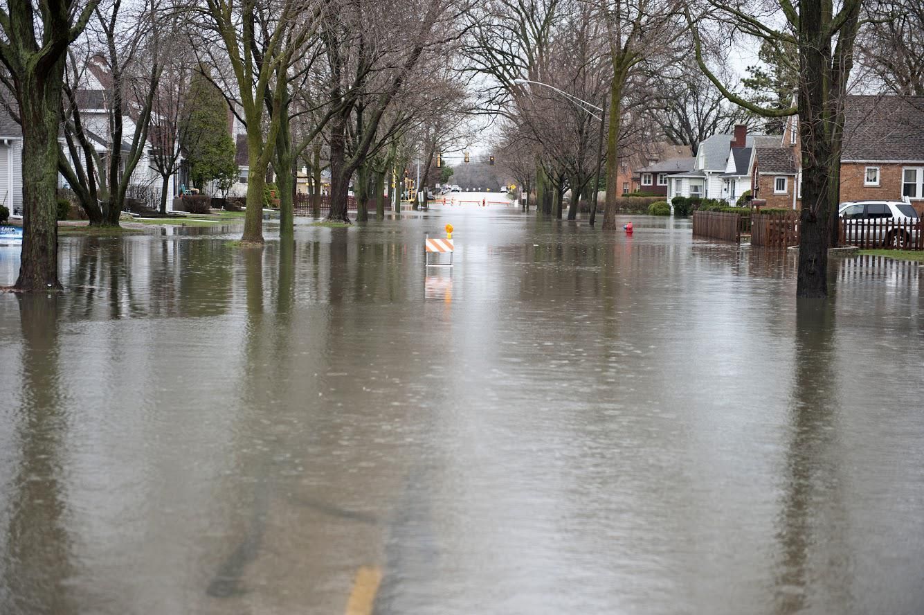 A residential street flooded with murky water, with bare trees lining the road and a construction barrel in the center.