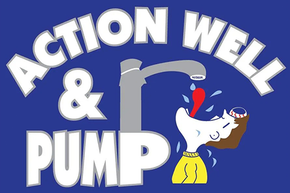 Logo for Action Well & Pump featuring a tap pouring water into a person's open mouth against a blue background.