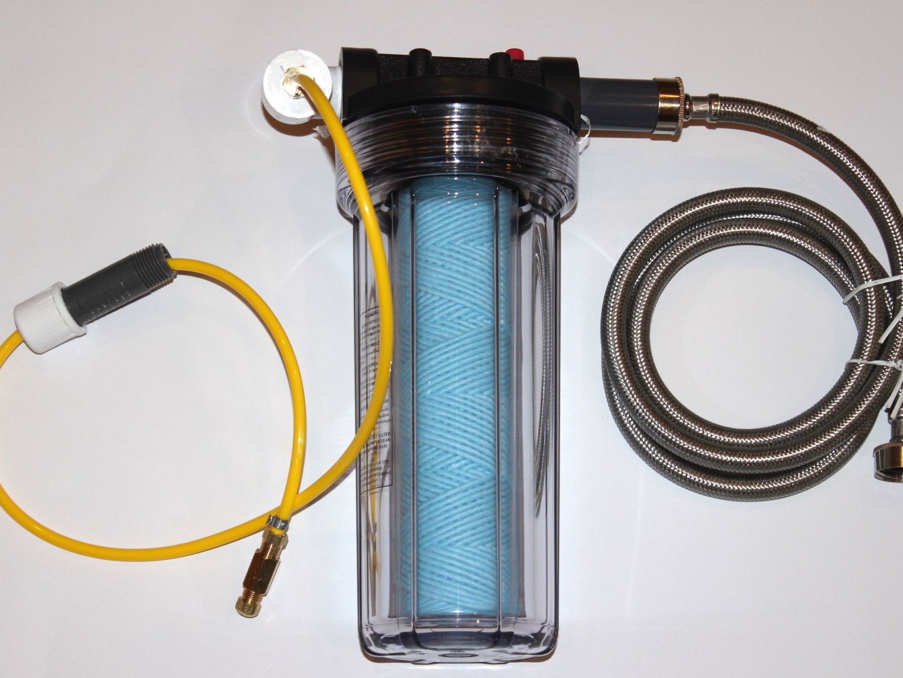 Portable water filtration unit with clear canister, blue filter cartridge, and attached yellow hoses