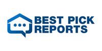 Logo of Best Pick Reports, blue house outline with speech bubble, dark blue text.