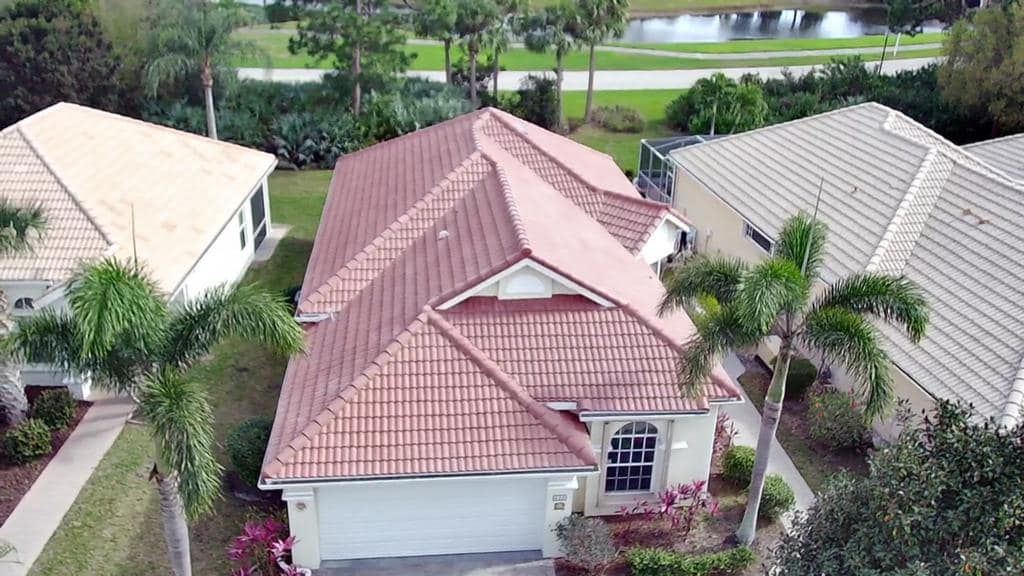 aerial view of the front side of the tile roof