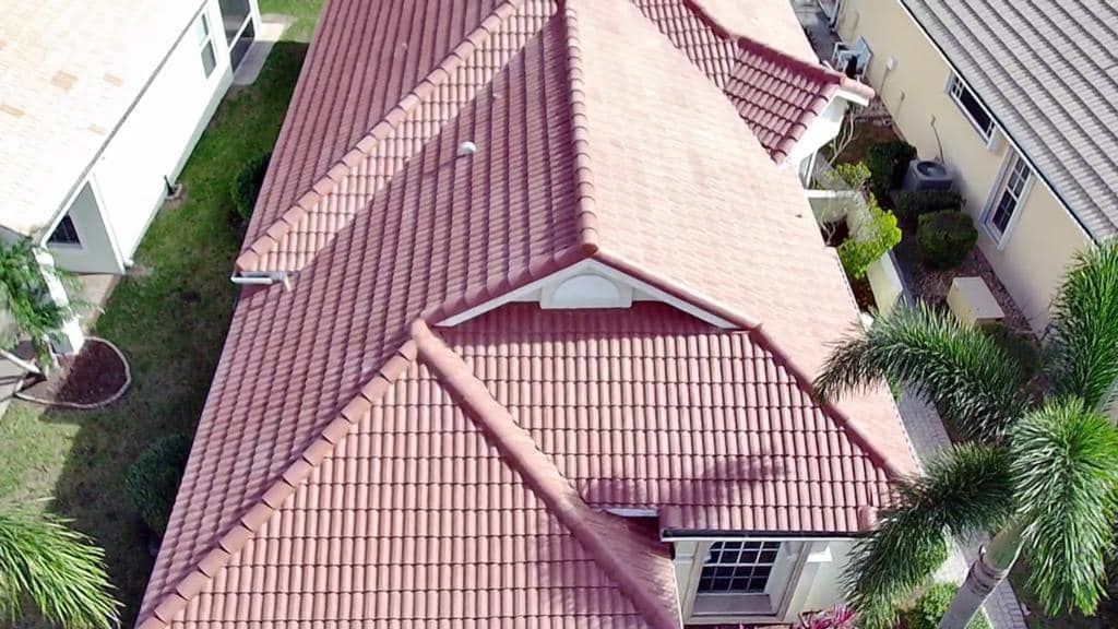 a closer aerial view of the red tile roof