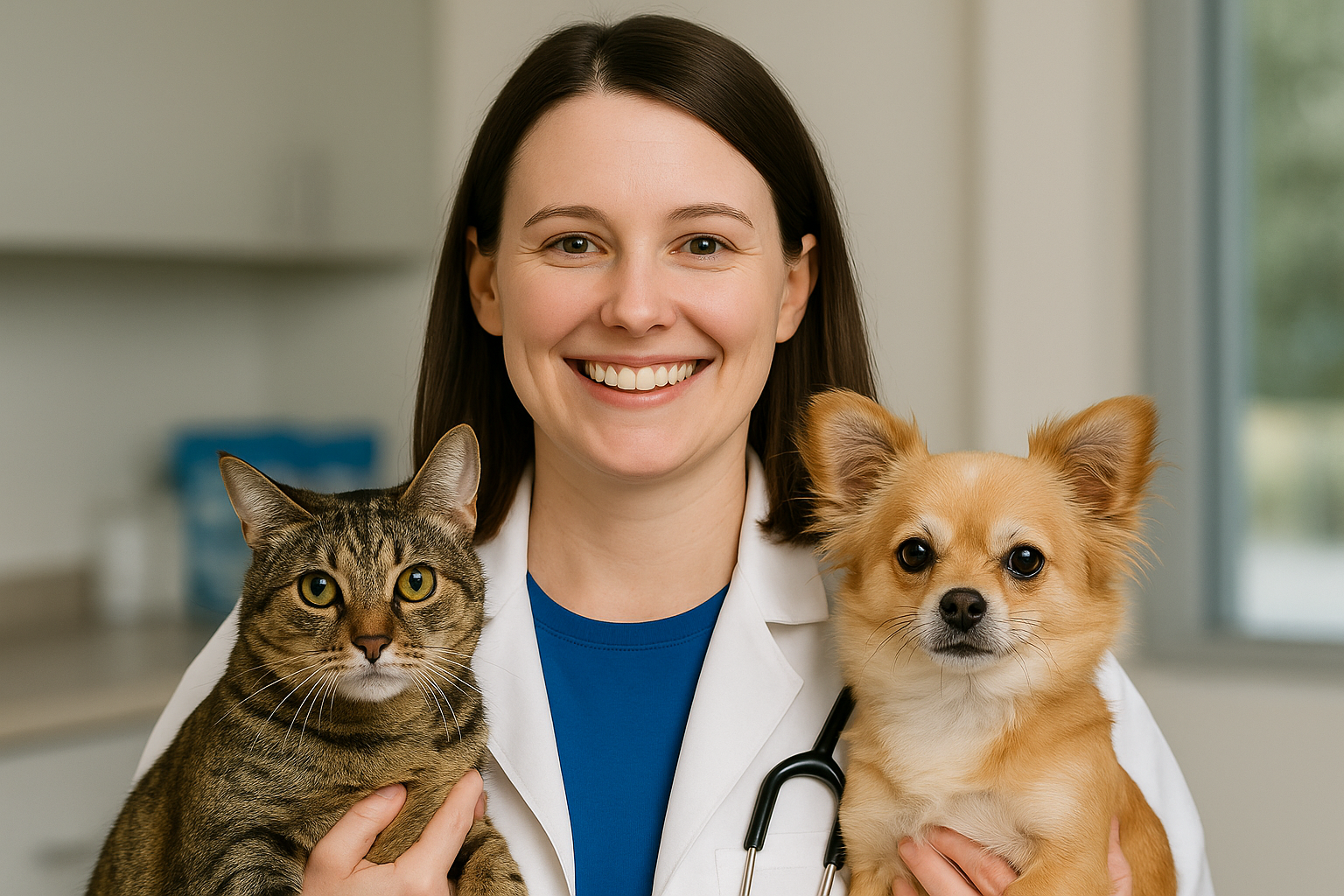 Veterinarian smiling, holding cat and small dog in a clinic, wearing a white coat, with a stethoscope.