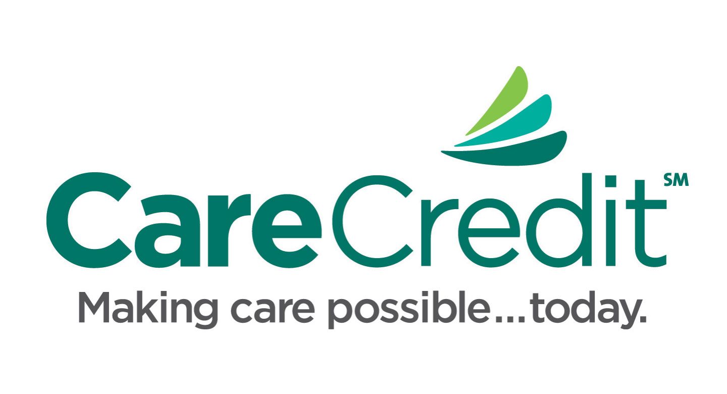 CareCredit logo with green and teal graphics and text, 