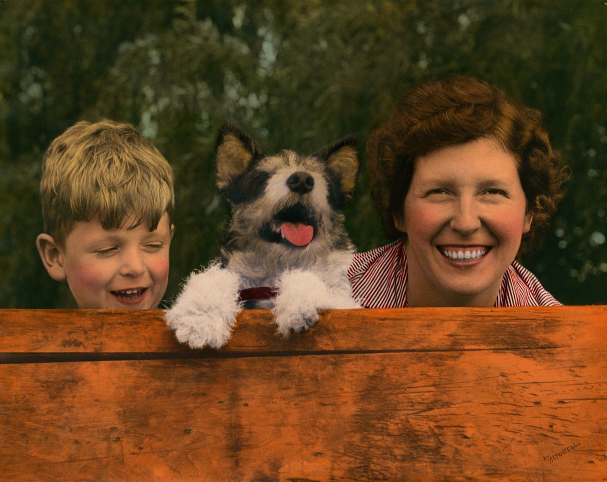 Boy, dog, and woman smiling behind a wooden fence. Dog's tongue out.