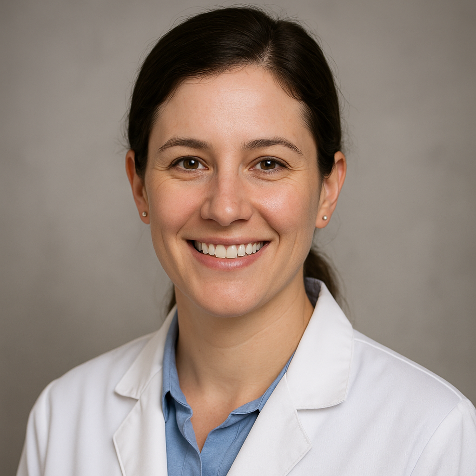 Woman in white coat smiles, looking directly at the viewer.