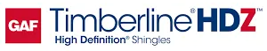 GAF Timberline HDZ High Definition Shingles logo. Red square with 