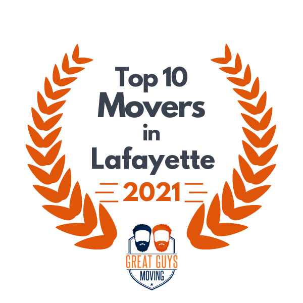 Top 10 Movers in Lafayette 2021 award badge with orange laurel wreath and Great Guys Moving logo