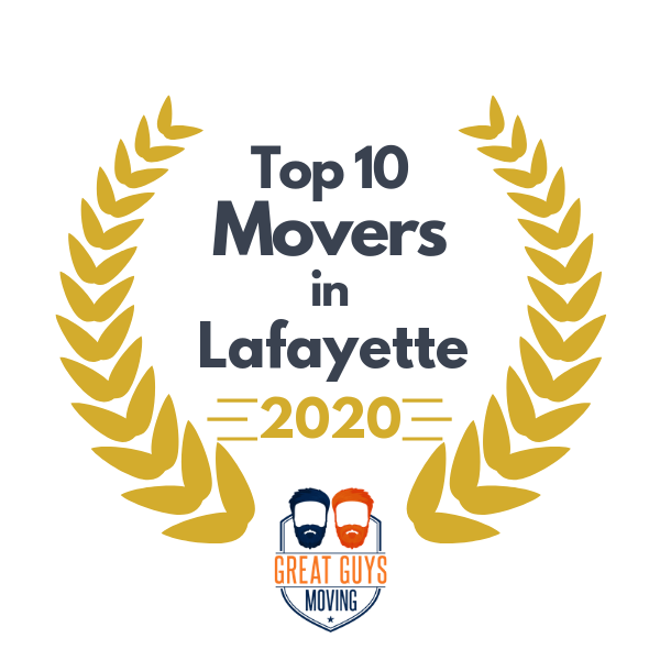 Top 10 Movers in Lafayette 2020 award logo with gold laurel wreath and Great Guys Moving badge