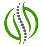 Green abstract spine or leaf-like logo with gray dotted line down the center